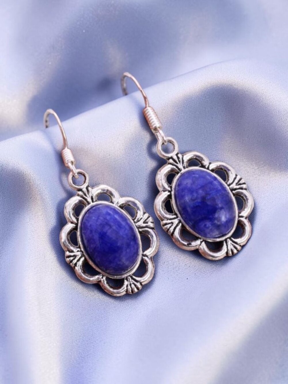 Color Enhanced Blue Moonstone 925 Silver Plated Handmade Earrings 1.7"